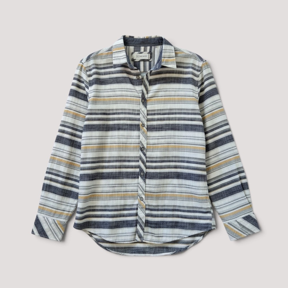 Departwest Mens Shirt Flannel Striped Button Up M Blue Grey Yellow Long Sleeve